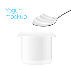 Metal spoon with creamy foam and yogurt packaging mockup. Vector illustration isolated on white background. Ready for use in your design. EPS10.	
