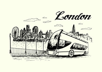Travel to London,bus and city on background. Sketch style, isolated, vector illustration.
