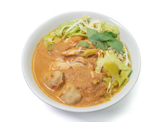 The close up of Thai rice noodles with fish ball soup on white bowl.