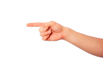 Hand shows the index finger sign on a white background