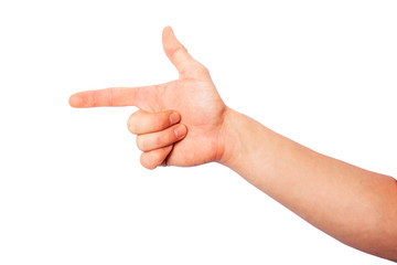 Hand shows the index finger sign on a white background
