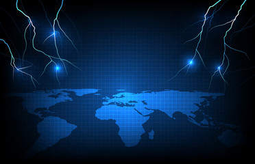 abstract background of glowing lightning storm and globe world maps