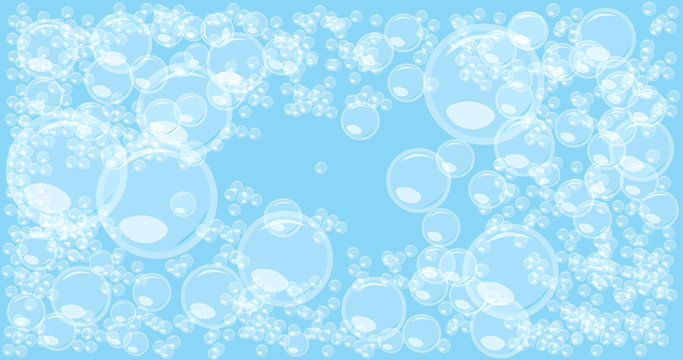 Random soap bubbles abstract background. Blowing bubbles on blue background. Bold soapy foam overlay template. Great vector illustration.