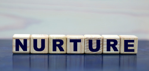 Fototapeta premium concept word NURTURE on cubes on a beautiful blue background