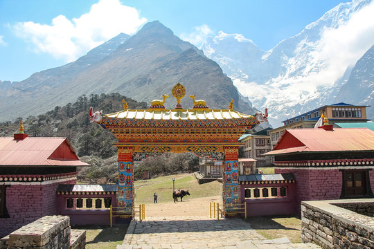 Tengboche Monastery (or Thyangboche Monastery), also known as Dawa Choling Gompa. Monastery's entrance with Thamserku mountain peak in the background.
