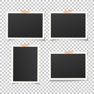 Set of empty photo frames with adhesive tape. Vector vintage picture with adhesive tapes. Photo realistic vector EPS10 mockups. Retro photo frame templates. 4 photos on wall.