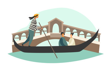 Venice vector illustration. Gondola on Canal Grande. Gandolier and tourist in Italy. Cartoon style card, isolated on white background - obrazy, fototapety, plakaty