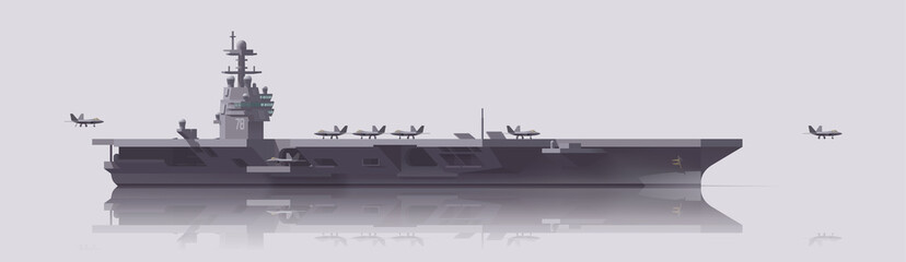Vector aircraft carrier warship with fighters. Isolated illustration © Paul Kovaloff