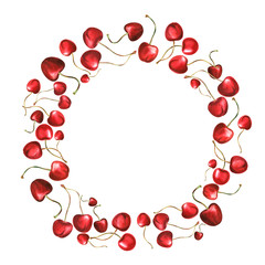 Round frame wreath  with red cherry on an isolated white background, watercolor painting