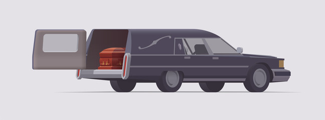 Vector vintage funeral hearse car with coffin inside. Isolated illustration - obrazy, fototapety, plakaty
