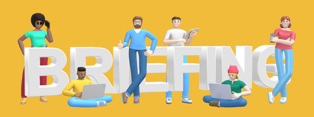 Group of young multiethnic successful people with laptop, tablet, phone and word briefing on yellow background. Horizontal banner cartoon character and text website slogan. 3D rendering.