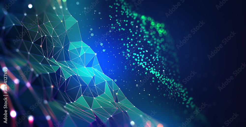 Poster Global cyber network and cloud technology. Blockchain and database security 3D illustration. Polygonal Grid and Digital Cyberspace
