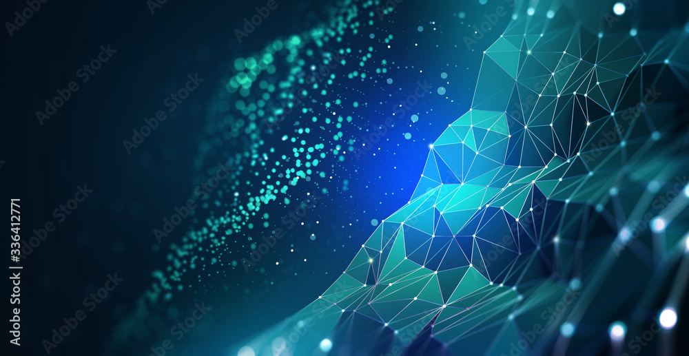 Aufkleber Global cyber network and cloud technology. Blockchain and database security 3D illustration. Polygonal Grid and Digital Cyberspace