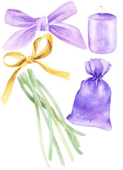 Set of lavender on an isolated white background, watercolor illustration of lavender bouquet , hand drawing. Stock illustration for design, invitations, greeting cards, postcards, pattern.