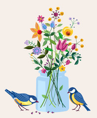 Spring blooming arrangement with fancy flowers and two blue tits.