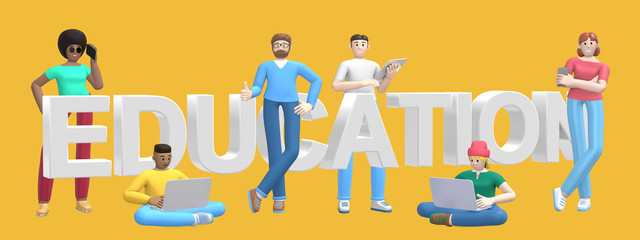 Word education on yellow background. Group of young multicultural successful people with laptop, tablet, phone. Horizontal banner cartoon character and website slogan. 3D rendering.