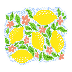 Lemon fruit set with blue polka dot. Summer citrus collection with lemons, leaves and blossom flower.