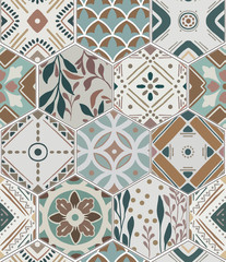 Luxury oriental tile seamless pattern in style of colorful floral patchwork boho chic with mandala in hexagon design elements. Flower ornament background with eastrn motif © ame kamura