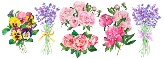 Plexiglas foto achterwand Beautiful bouquet , watercolor flowers, bellflower, peony, lavender, pansy on an isolated white background, watercolor botanical drawing. © Maya
