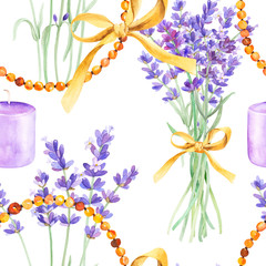 Watercolor pattern with lavender and amber beads on isolated white background, seamless pattern, watercolor hand drawing. Stock illustration for design, invitations, greeting cards, postcards, pattern