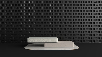 Stacked rectangular stone pedestals. The Square walls overlap with dimensions. Pedestal Can be used for commercial advertising, Isolated on black floor, Minimalist Black, illustration, 3D rendering.