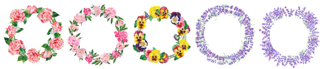 Wreath of peonies, roses, lavender, pansies flowers on isolated white background, watercolor hand drawing. Design artwork for the poster, wedding invitation, home decor.