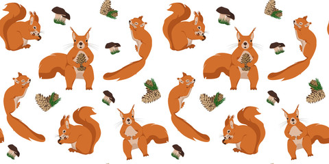 Obraz premium Colors seamless pattern with proteins and cones. Illustration with a set of squirrels