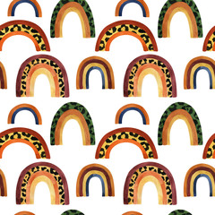 Seamless pattern with rainbow and leopard print on isolated white background, watercolor painting. Fabric wallpaper print texture.