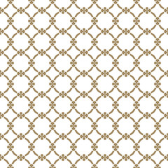 Vector golden ornamental pattern in oriental style. Abstract geometric seamless texture with floral shapes, mesh, grid, lattice. Elegant repeat gold and white background. Luxury ornament design