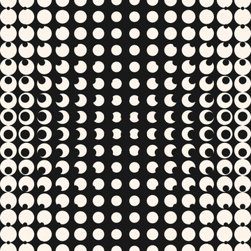 Vector geometric halftone seamless pattern with circles, dots. Monochrome black and white texture. Abstract repeat background with radial gradient transition. Optical illusion effect. Modern design