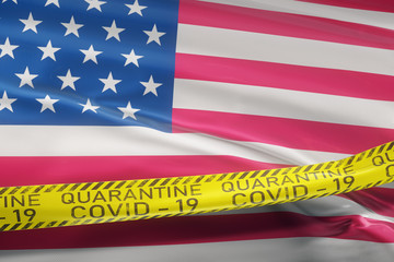 Flag of the US waving on wind. 
Restrictive tape coronavirus Covid-19, SARS-CoV-19 quarantine. Realistic 3d rendering