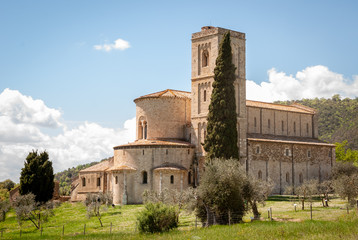 Medieval church of the Abbey of Sant'Antimo near Montalcino in the region of Tuscany, Italy