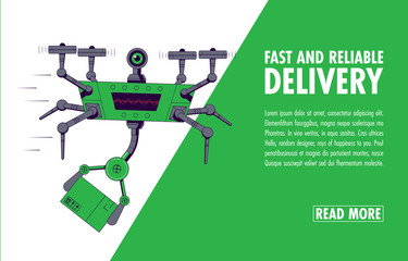 Delivery service concept. Flying Drone holding box. Air Delivery. Delivery drone with cargo. Vector illustration