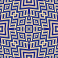 Vector geometric lines pattern. Abstract seamless ornament in blue and yellow colors. Creative linear background texture with stripes, diagonal lines, triangles, rhombuses, star shapes. Repeat design