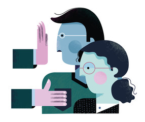 A woman is being accepted and offered to shake hands while a man of a different color is being rejected.