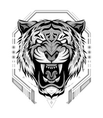 Tiger logo. Black white illustration of a tiger head. Portrait of a predator. Tattoo wild cats.