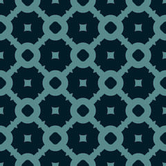 Abstract vintage vector geometric texture. Elegant seamless pattern with lattice, grid, circles, squares, repeat tiles. Stylish dark ornamental background in black and teal colors. Repeating design