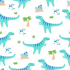 Cute dinosaur seamless pattern for kids, baby textile, wallpaper, nursery design. Funny little dino of hand drawn style. Vector illustration.