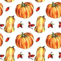 Seamless pattern with оrange pumpkin, rose hip on an isolated white background, watercolor drawing.
