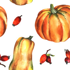 Seamless pattern with оrange pumpkin, rose hip on an isolated white background, watercolor drawing.