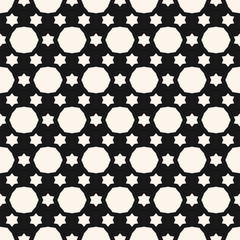 Vector minimalist geometric seamless pattern. Simple black and white texture with small stars, circles, dots. Abstract minimal monochrome background. Perforated surface. Repeat design for decor, cover