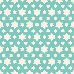 Simple vector stars pattern. Abstract geometric seamless texture with small white symmetric stars on turquoise background. Minimal repeatable design for decoration, prints, wallpapers, textile, fabric