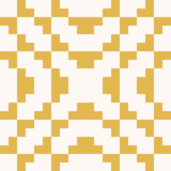 Vector geometric traditional folklore ornament. Fair isle seamless pattern. Tribal ethnic motif. Ornamental texture with squares, crosses, embroidery, knitting. Yellow and white repeatable background