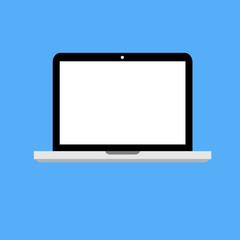 Laptop black gray icon in trendy flat style isolated on blue background. Computer symbol for your web site design or logo or app or UI. Vector illustration, EPS10.