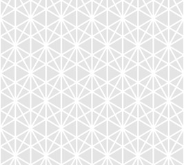 Geometric triangles seamless pattern. Subtle vector abstract white and light gray texture. Simple repeated monochrome background with triangular grid, hexagons, diamonds, net. Modern sacred geometry