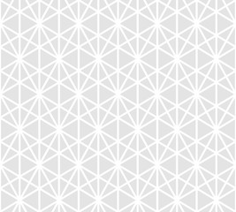 Geometric triangles seamless pattern. Subtle vector abstract white and light gray texture. Simple repeated monochrome background with triangular grid, hexagons, diamonds, net. Modern sacred geometry