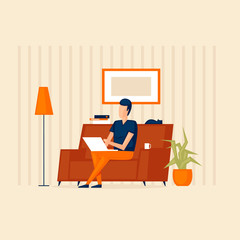 Fototapeta na wymiar Man sits on a sofa with a laptop, working from home, watching TV shows, freelance, self-isolation, virus. Flat style vector illustration.