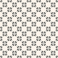 Vector geometric floral seamless pattern. Abstract black and white texture with small shapes, grid, lattice, mesh, crosses, flower silhouettes. Simple monochrome background. Minimalist repeat design