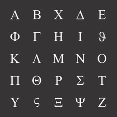 Uppercase Greek letters icons set on the dark background