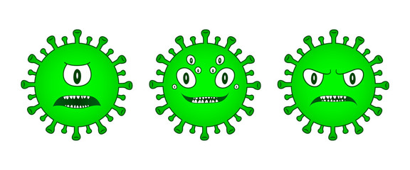 Set of three green Viruses. Pack of Corona Virus with eyes and faces. Microbiology And Virology Concept icon maskot. Dangerous pandemic smiley and emoticon. Corona-virus logo, symbol for Quarantine